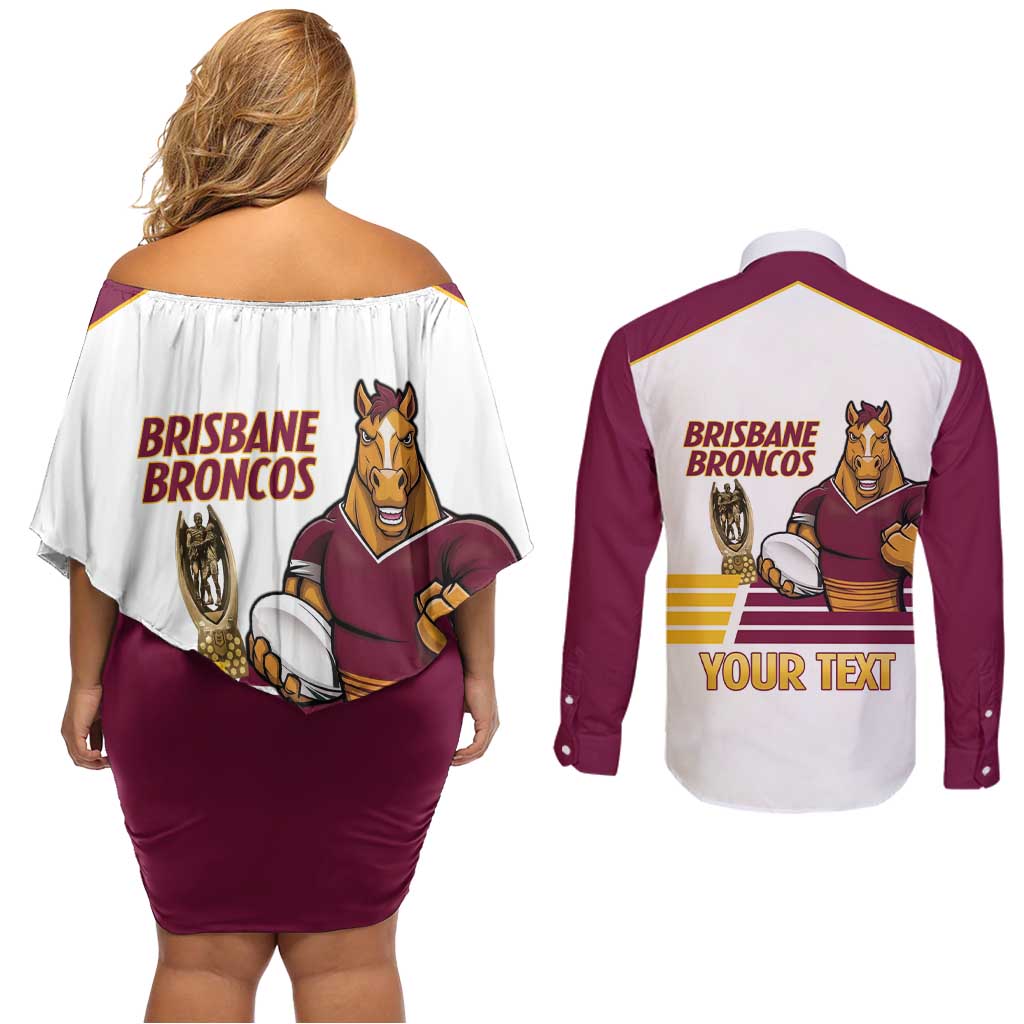 Brisbane Broncos Rugby Personalised Couples Matching Off Shoulder Short Dress and Long Sleeve Button Shirt NRL 4th Premiers Proud - Aussie Hoodie