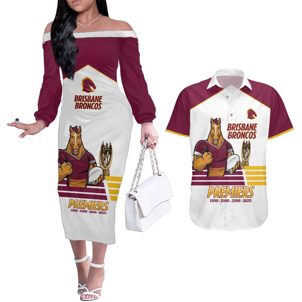 Brisbane Broncos Rugby Personalised Couples Matching Off The Shoulder Long Sleeve Dress and Hawaiian Shirt NRL 4th Premiers Proud - Aussie Hoodie
