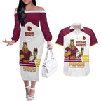 Brisbane Broncos Rugby Personalised Couples Matching Off The Shoulder Long Sleeve Dress and Hawaiian Shirt NRL 4th Premiers Proud - Aussie Hoodie