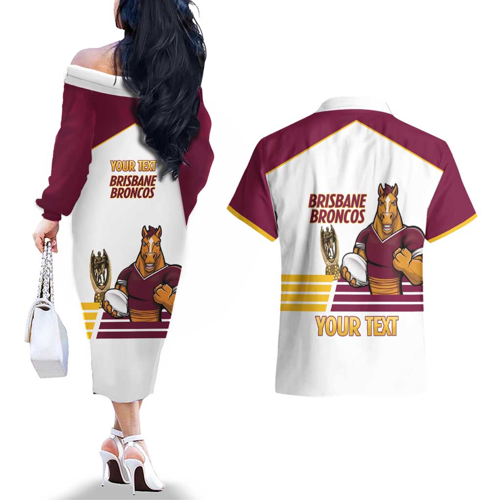 Brisbane Broncos Rugby Personalised Couples Matching Off The Shoulder Long Sleeve Dress and Hawaiian Shirt NRL 4th Premiers Proud - Aussie Hoodie