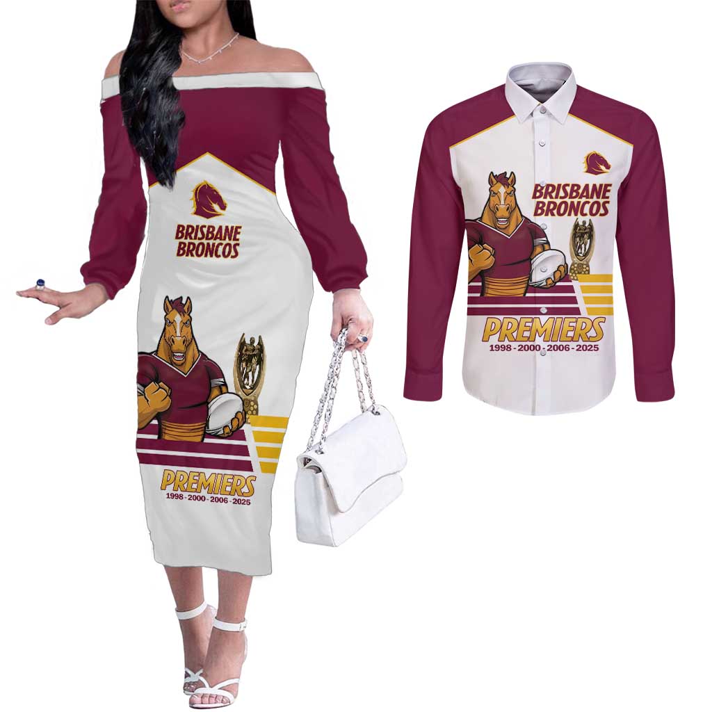 Brisbane Broncos Rugby Personalised Couples Matching Off The Shoulder Long Sleeve Dress and Long Sleeve Button Shirt NRL 4th Premiers Proud - Aussie Hoodie