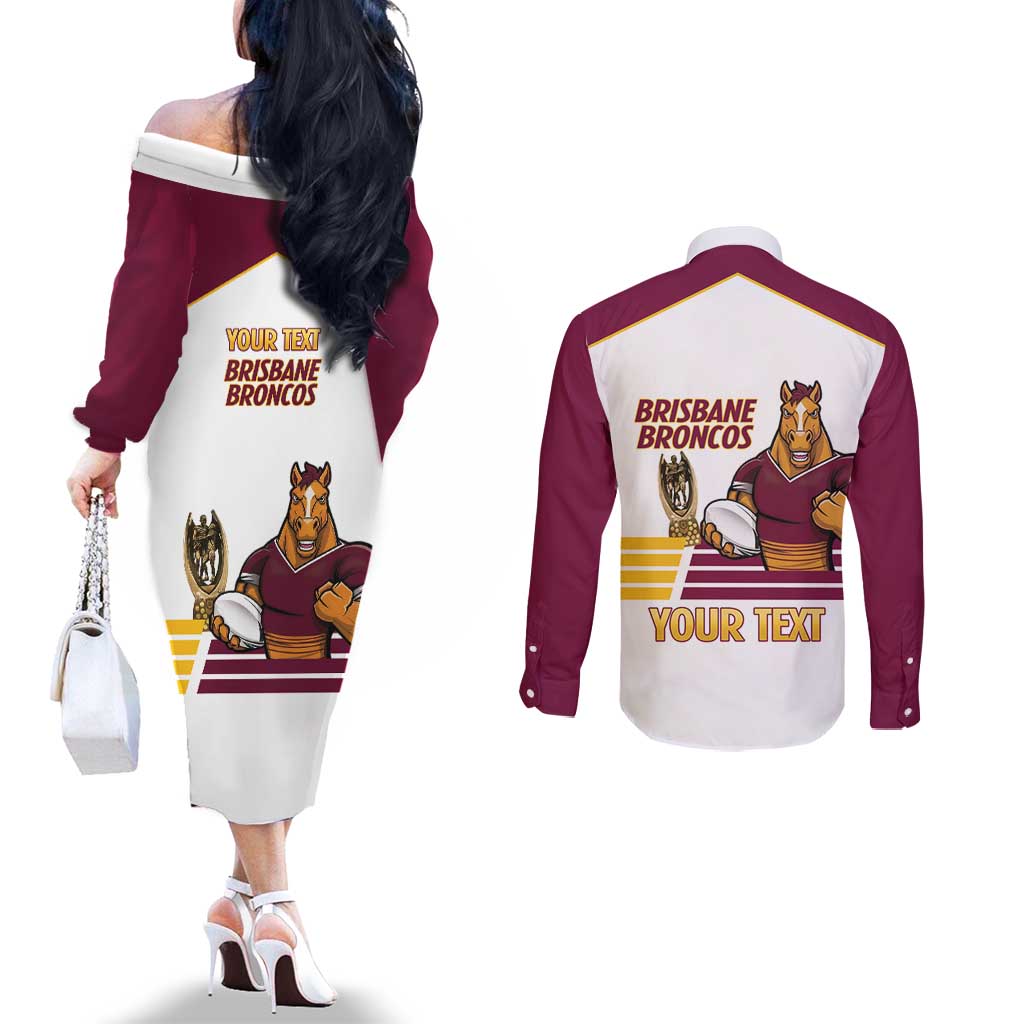 Brisbane Broncos Rugby Personalised Couples Matching Off The Shoulder Long Sleeve Dress and Long Sleeve Button Shirt NRL 4th Premiers Proud - Aussie Hoodie