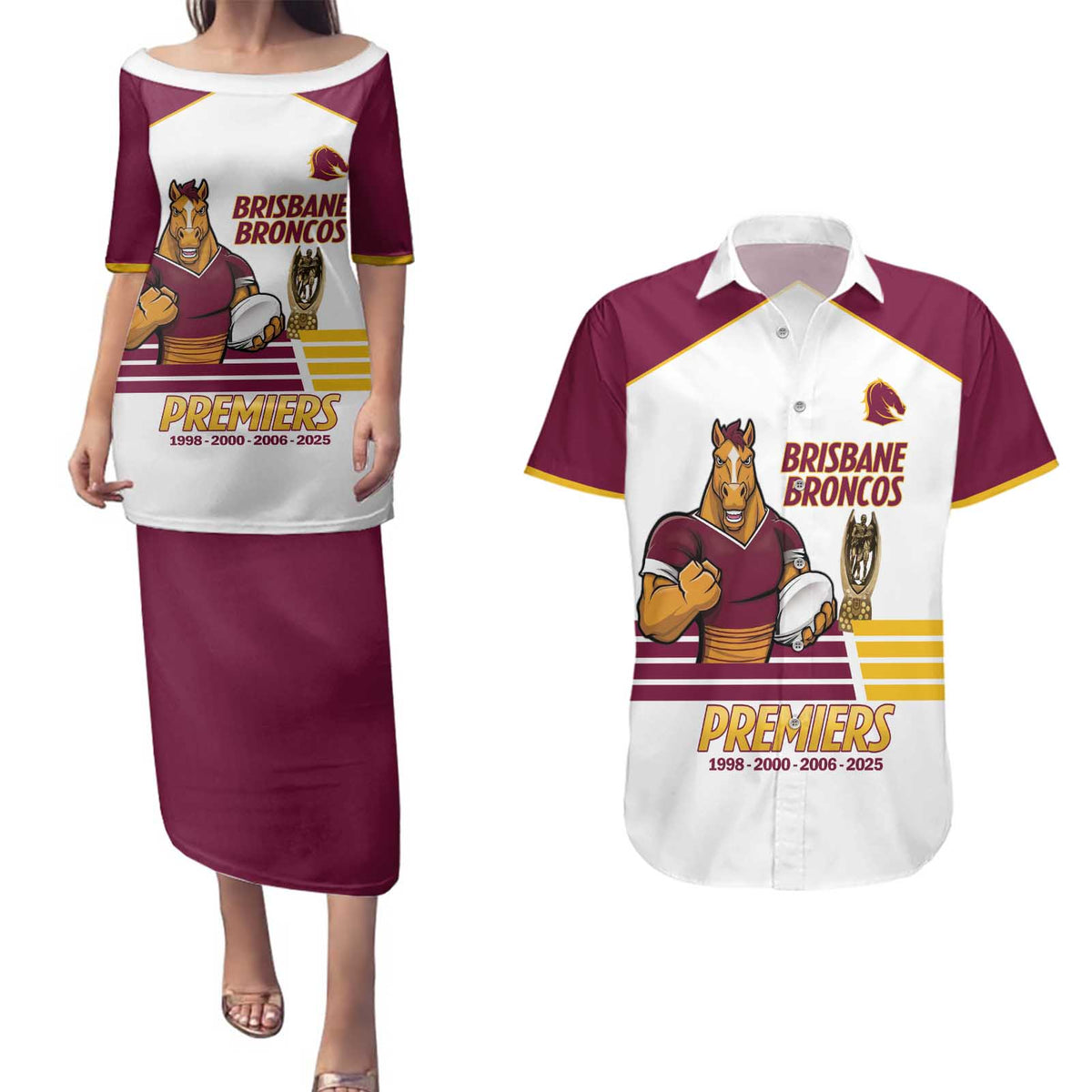 Brisbane Broncos Rugby Personalised Couples Matching Puletasi and Hawaiian Shirt NRL 4th Premiers Proud - Aussie Hoodie