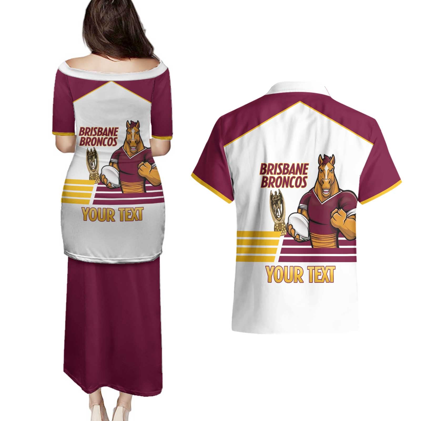 Brisbane Broncos Rugby Personalised Couples Matching Puletasi and Hawaiian Shirt NRL 4th Premiers Proud - Aussie Hoodie