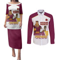 Brisbane Broncos Rugby Personalised Couples Matching Puletasi and Long Sleeve Button Shirt NRL 4th Premiers Proud - Aussie Hoodie
