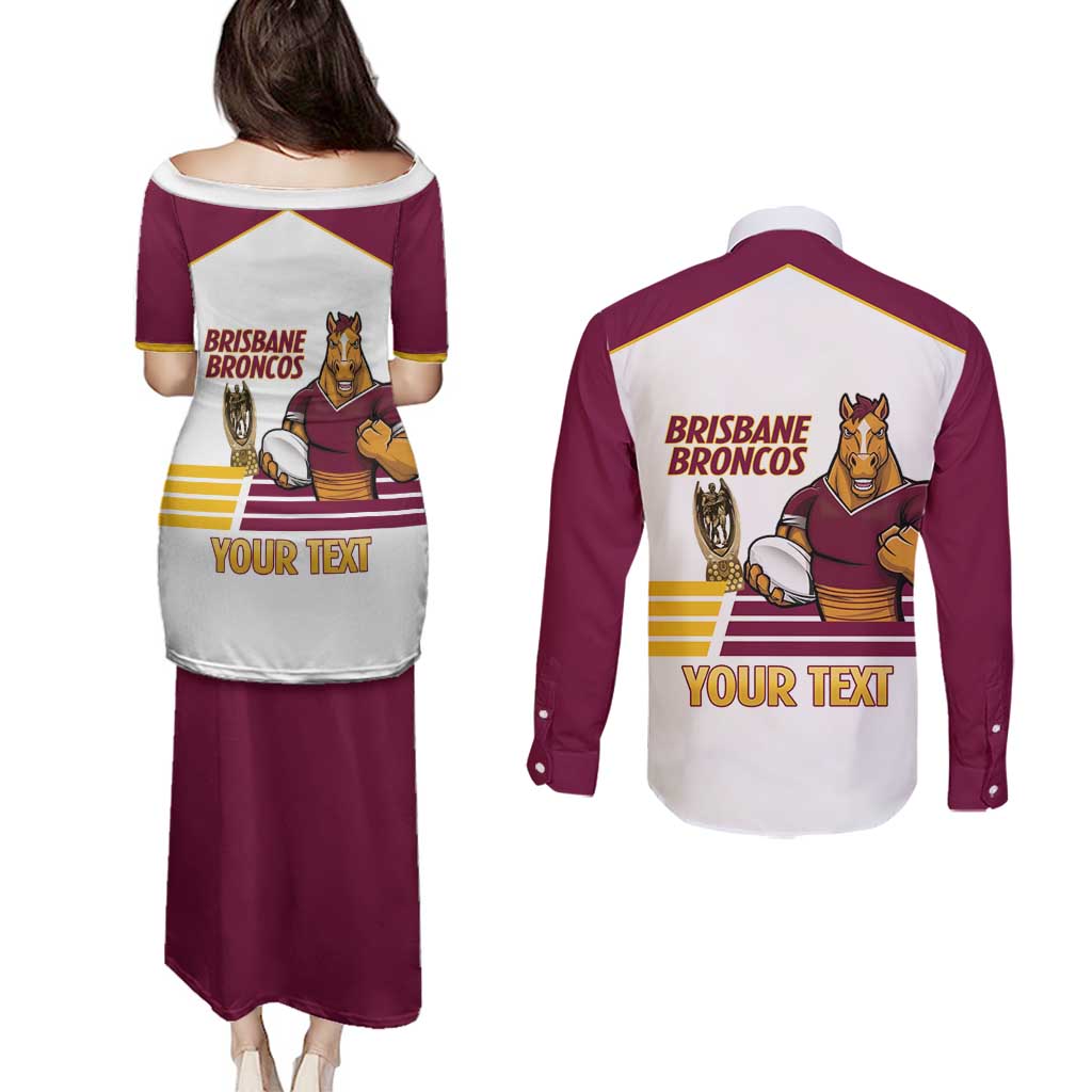 Brisbane Broncos Rugby Personalised Couples Matching Puletasi and Long Sleeve Button Shirt NRL 4th Premiers Proud - Aussie Hoodie