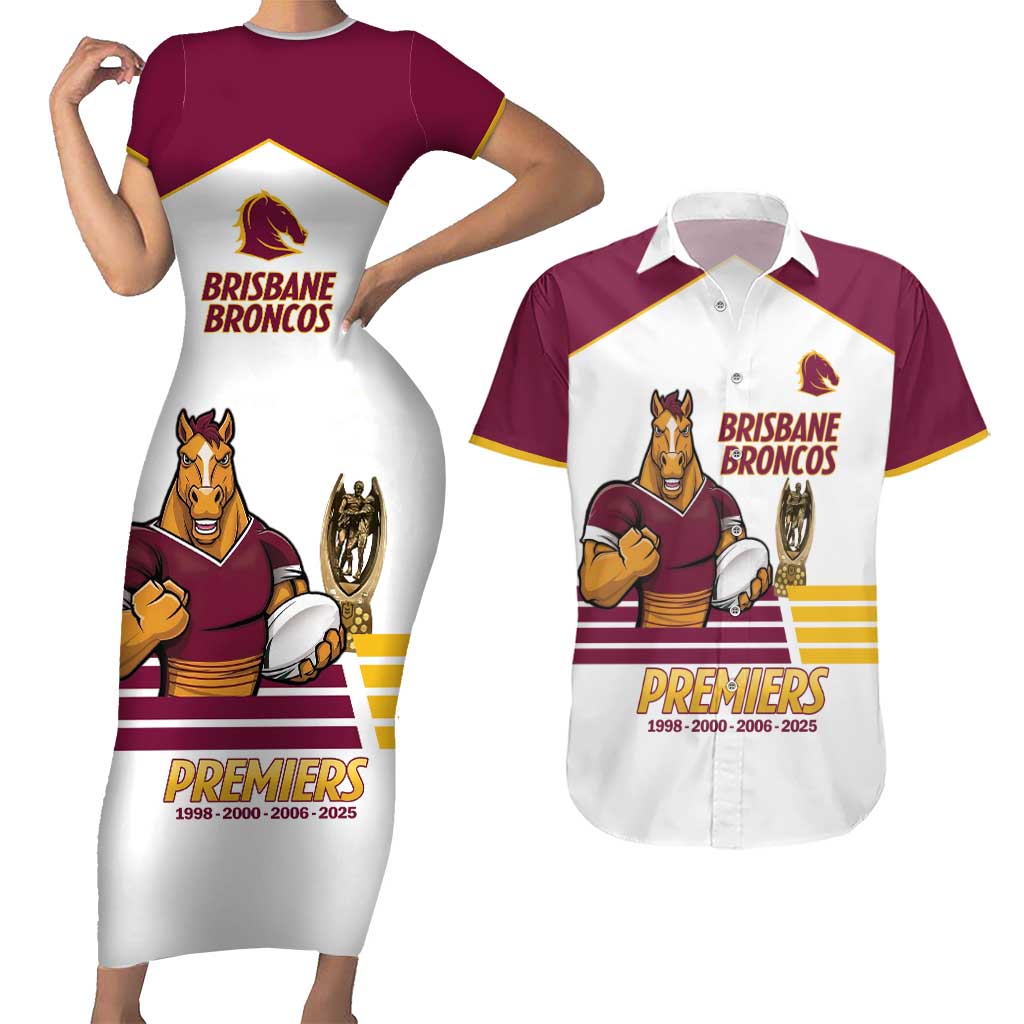 Brisbane Broncos Rugby Personalised Couples Matching Short Sleeve Bodycon Dress and Hawaiian Shirt NRL 4th Premiers Proud - Aussie Hoodie