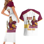 Brisbane Broncos Rugby Personalised Couples Matching Short Sleeve Bodycon Dress and Hawaiian Shirt NRL 4th Premiers Proud - Aussie Hoodie