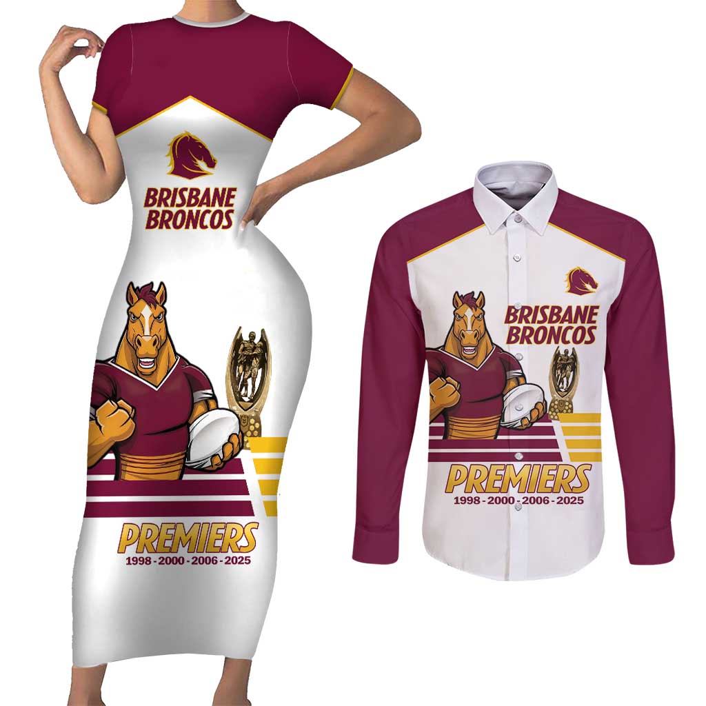 Brisbane Broncos Rugby Personalised Couples Matching Short Sleeve Bodycon Dress and Long Sleeve Button Shirt NRL 4th Premiers Proud - Aussie Hoodie