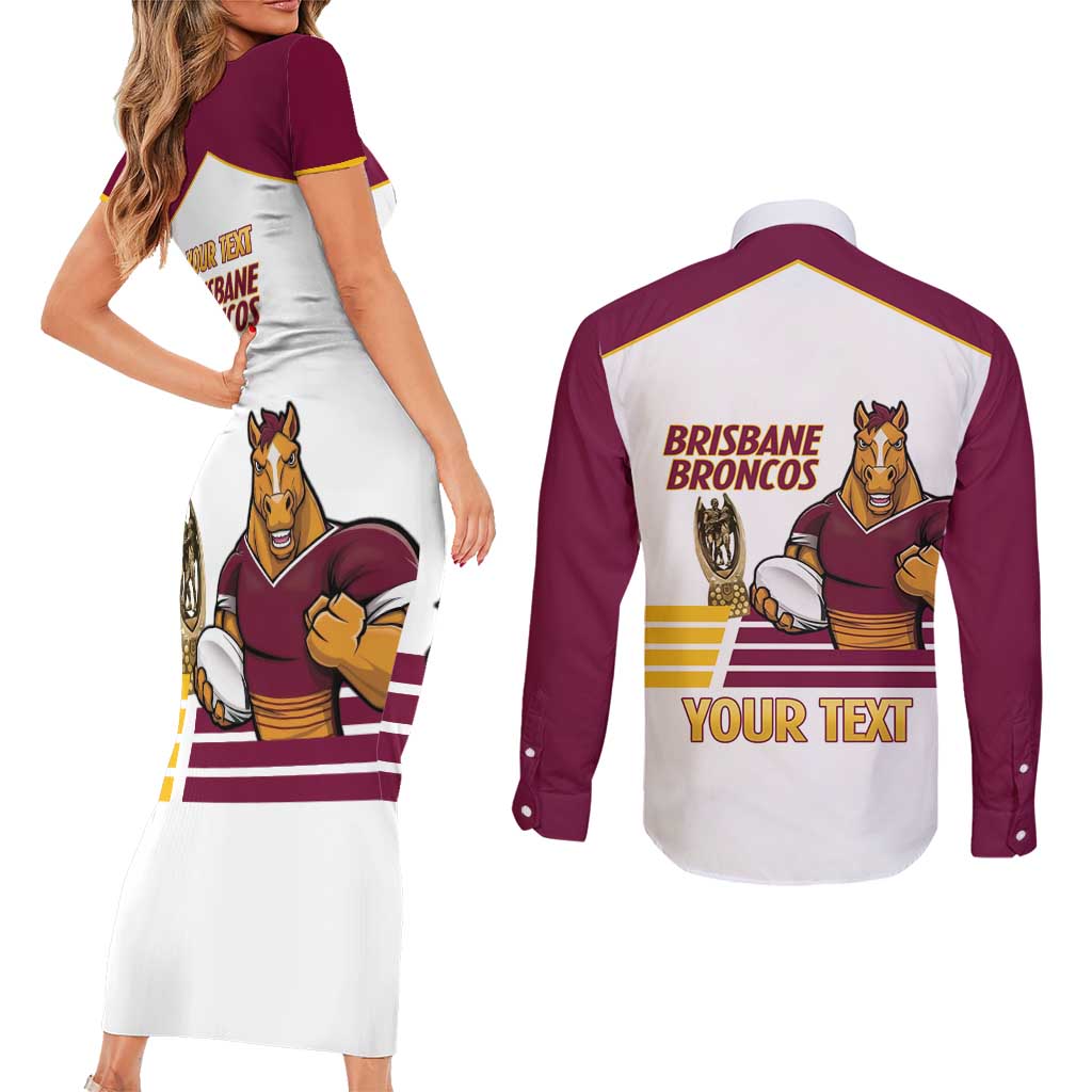 Brisbane Broncos Rugby Personalised Couples Matching Short Sleeve Bodycon Dress and Long Sleeve Button Shirt NRL 4th Premiers Proud - Aussie Hoodie
