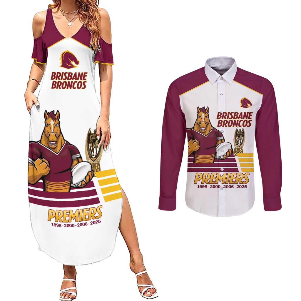 Brisbane Broncos Rugby Personalised Couples Matching Summer Maxi Dress and Long Sleeve Button Shirt NRL 4th Premiers Proud - Aussie Hoodie