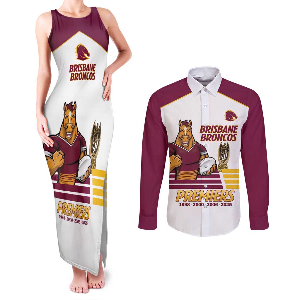 Brisbane Broncos Rugby Personalised Couples Matching Tank Maxi Dress and Long Sleeve Button Shirt NRL 4th Premiers Proud - Aussie Hoodie