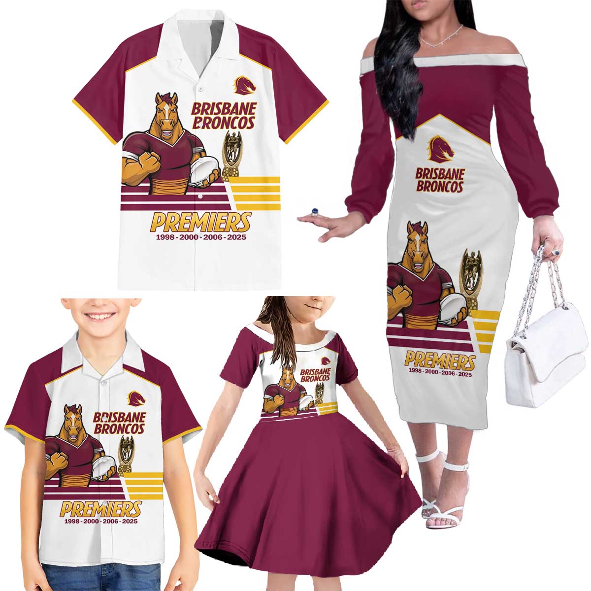 Brisbane Broncos Rugby Personalised Family Matching Off The Shoulder Long Sleeve Dress and Hawaiian Shirt NRL 4th Premiers Proud - Aussie Hoodie