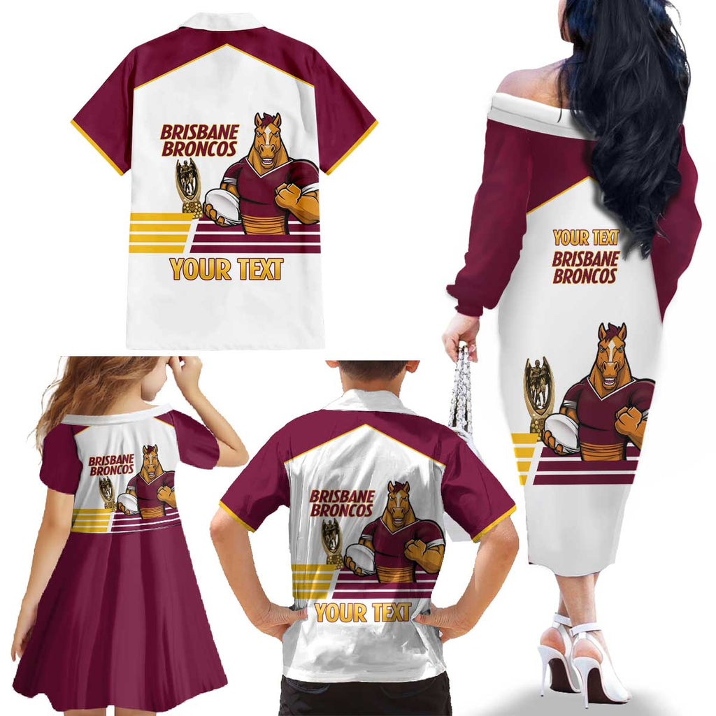 Brisbane Broncos Rugby Personalised Family Matching Off The Shoulder Long Sleeve Dress and Hawaiian Shirt NRL 4th Premiers Proud - Aussie Hoodie