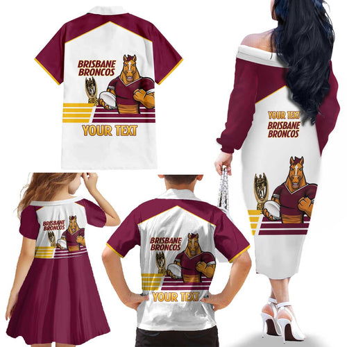 Brisbane Broncos Rugby Personalised Family Matching Off The Shoulder Long Sleeve Dress and Hawaiian Shirt NRL 4th Premiers Proud - Aussie Hoodie
