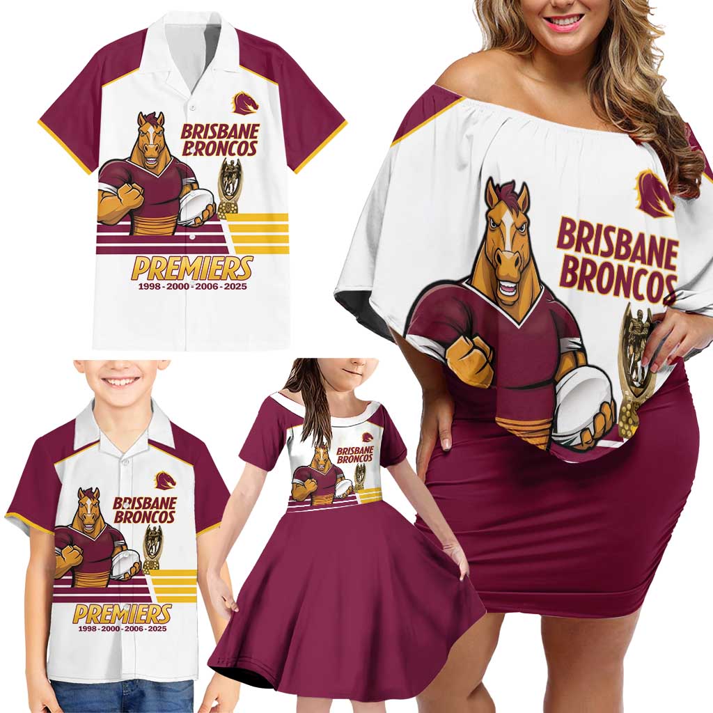 Brisbane Broncos Rugby Personalised Family Matching Off Shoulder Short Dress and Hawaiian Shirt NRL 4th Premiers Proud - Aussie Hoodie
