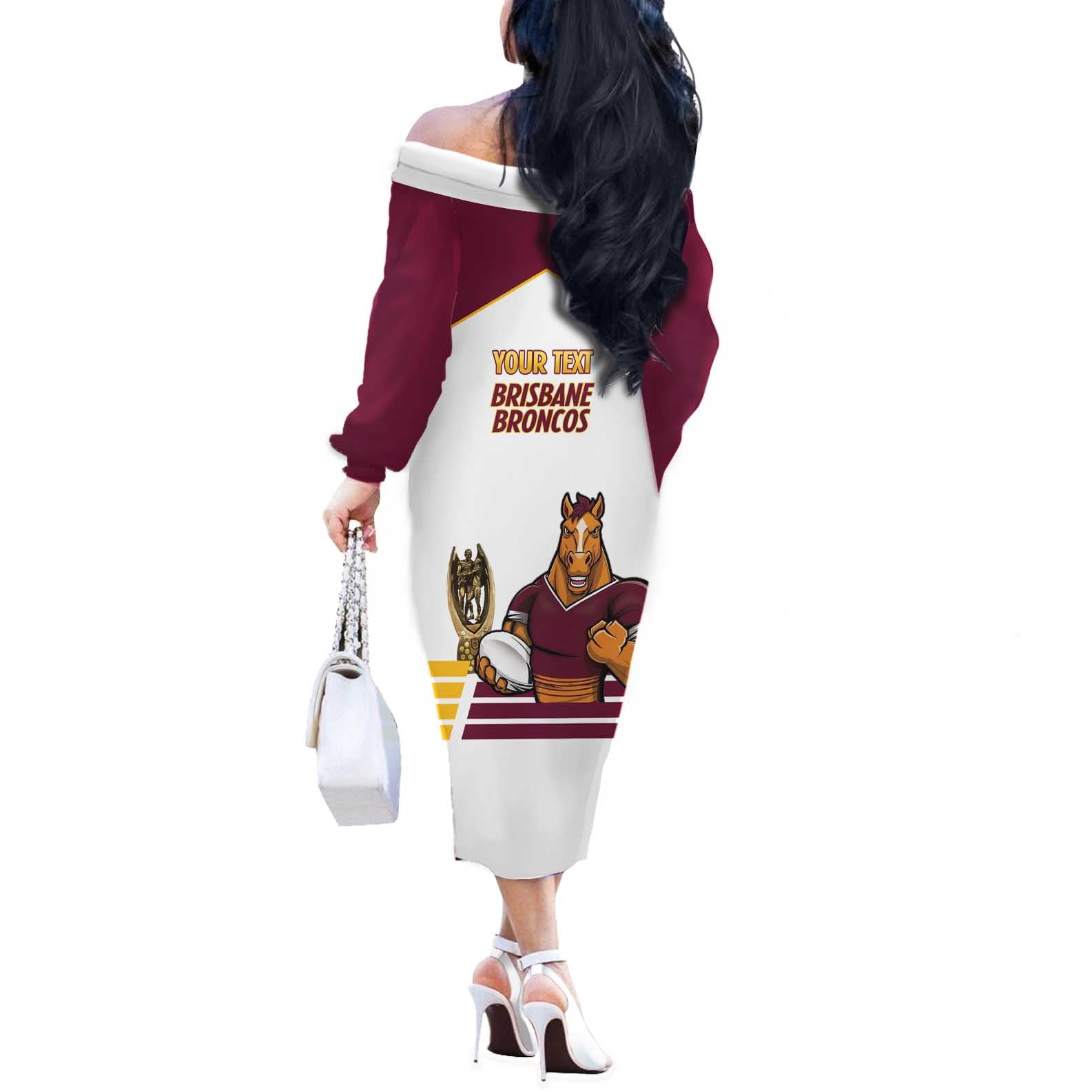 Brisbane Broncos Rugby Personalised Off The Shoulder Long Sleeve Dress NRL 4th Premiers Proud - Aussie Hoodie