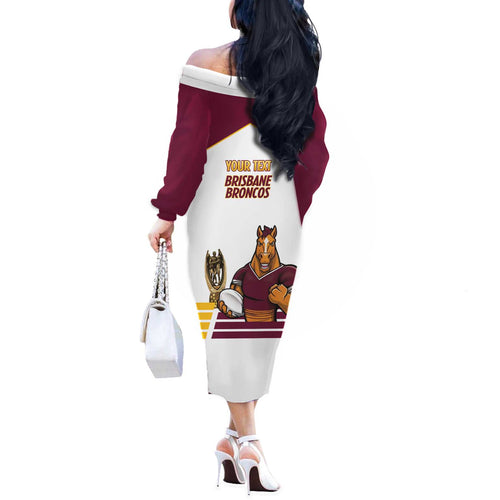 Brisbane Broncos Rugby Personalised Off The Shoulder Long Sleeve Dress NRL 4th Premiers Proud - Aussie Hoodie