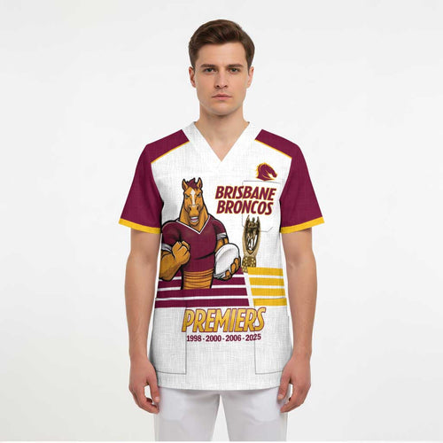 Brisbane Broncos Rugby Personalised Scrub Top NRL 4th Premiers Proud - Aussie Hoodie