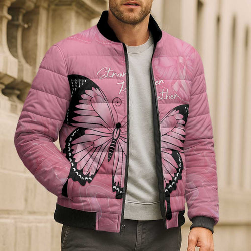 Personalised Australia Breast Cancer Awareness Bomber Puffer Jacket Pink Ribbon Butterfly Opal Pattern - Aussie Hoodie