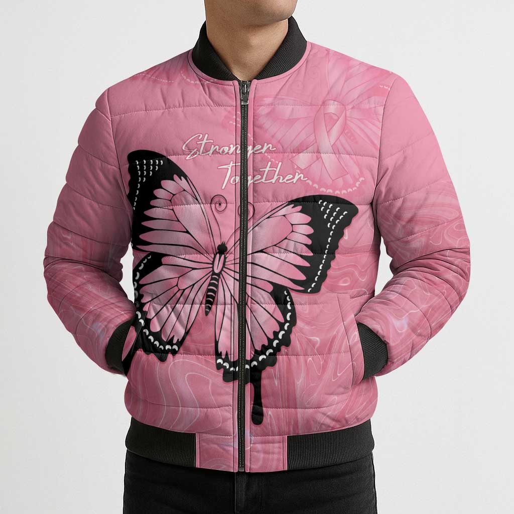 Personalised Australia Breast Cancer Awareness Bomber Puffer Jacket Pink Ribbon Butterfly Opal Pattern - Aussie Hoodie