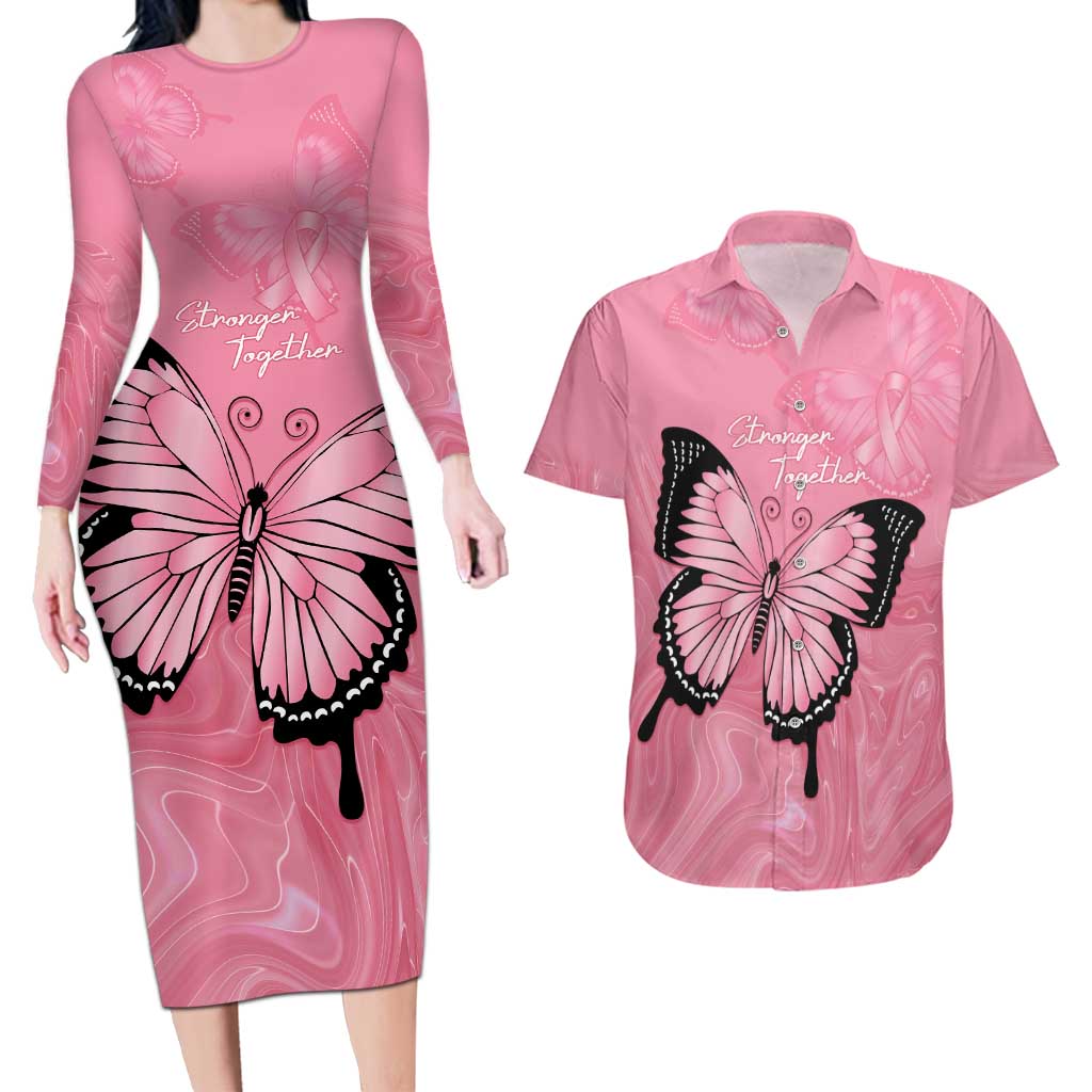 Personalised Australia Breast Cancer Awareness Couples Matching Long Sleeve Bodycon Dress and Hawaiian Shirt Pink Ribbon Butterfly Opal Pattern - Aussie Hoodie