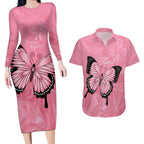 Personalised Australia Breast Cancer Awareness Couples Matching Long Sleeve Bodycon Dress and Hawaiian Shirt Pink Ribbon Butterfly Opal Pattern - Aussie Hoodie