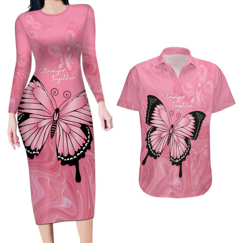 Personalised Australia Breast Cancer Awareness Couples Matching Long Sleeve Bodycon Dress and Hawaiian Shirt Pink Ribbon Butterfly Opal Pattern - Aussie Hoodie