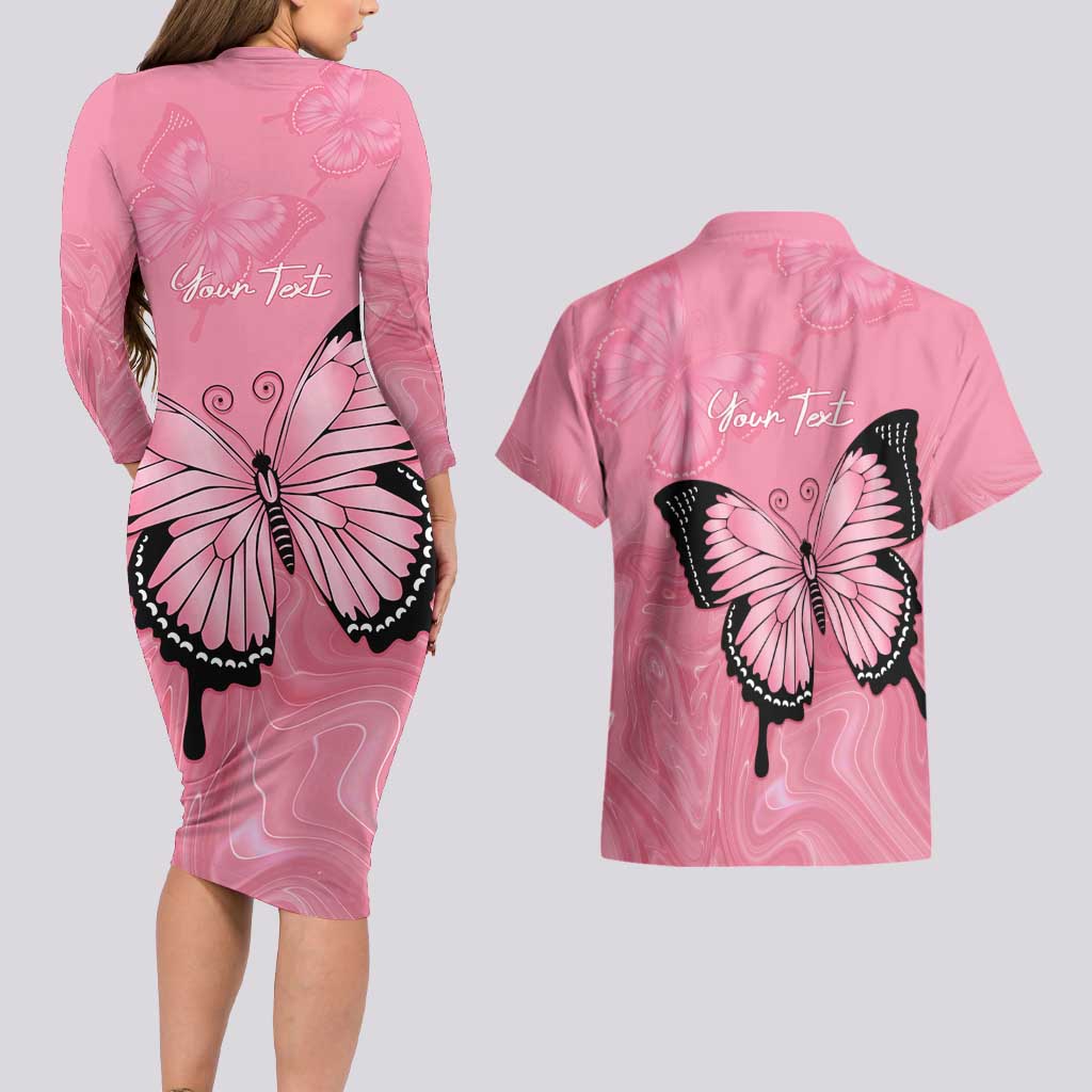 Personalised Australia Breast Cancer Awareness Couples Matching Long Sleeve Bodycon Dress and Hawaiian Shirt Pink Ribbon Butterfly Opal Pattern - Aussie Hoodie