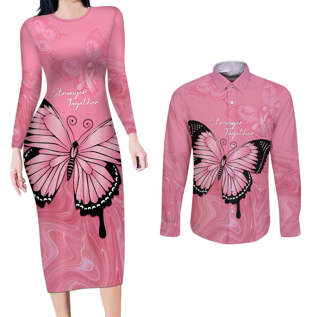Personalised Australia Breast Cancer Awareness Couples Matching Long Sleeve Bodycon Dress and Long Sleeve Button Shirt Pink Ribbon Butterfly Opal Pattern - Aussie Hoodie