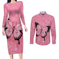 Personalised Australia Breast Cancer Awareness Couples Matching Long Sleeve Bodycon Dress and Long Sleeve Button Shirt Pink Ribbon Butterfly Opal Pattern - Aussie Hoodie