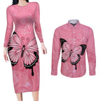 Personalised Australia Breast Cancer Awareness Couples Matching Long Sleeve Bodycon Dress and Long Sleeve Button Shirt Pink Ribbon Butterfly Opal Pattern - Aussie Hoodie