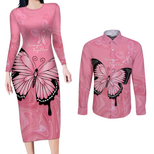 Personalised Australia Breast Cancer Awareness Couples Matching Long Sleeve Bodycon Dress and Long Sleeve Button Shirt Pink Ribbon Butterfly Opal Pattern - Aussie Hoodie