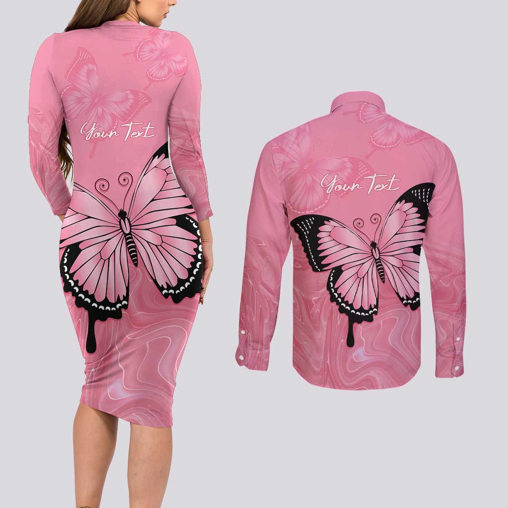 Personalised Australia Breast Cancer Awareness Couples Matching Long Sleeve Bodycon Dress and Long Sleeve Button Shirt Pink Ribbon Butterfly Opal Pattern - Aussie Hoodie