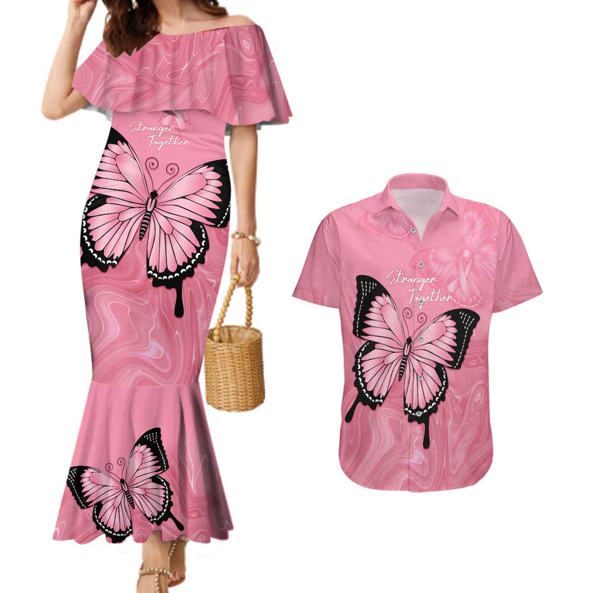 Personalised Australia Breast Cancer Awareness Couples Matching Mermaid Dress and Hawaiian Shirt Pink Ribbon Butterfly Opal Pattern - Aussie Hoodie