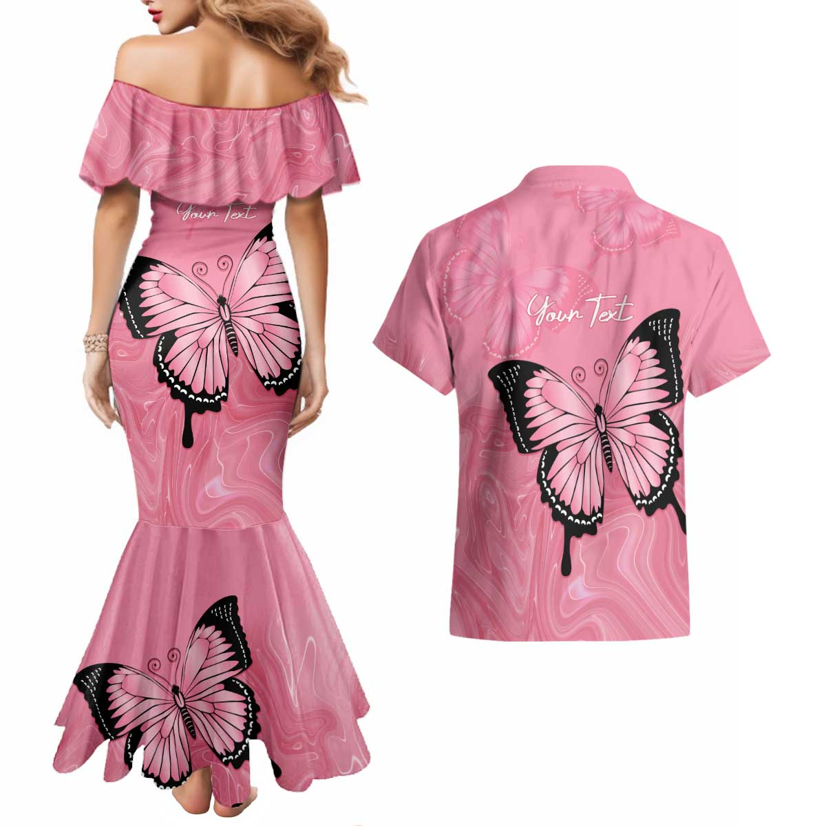 Personalised Australia Breast Cancer Awareness Couples Matching Mermaid Dress and Hawaiian Shirt Pink Ribbon Butterfly Opal Pattern - Aussie Hoodie