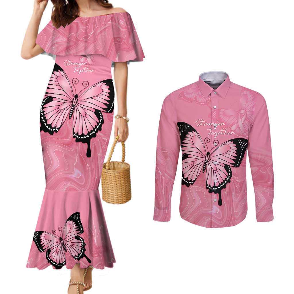 Personalised Australia Breast Cancer Awareness Couples Matching Mermaid Dress and Long Sleeve Button Shirt Pink Ribbon Butterfly Opal Pattern - Aussie Hoodie