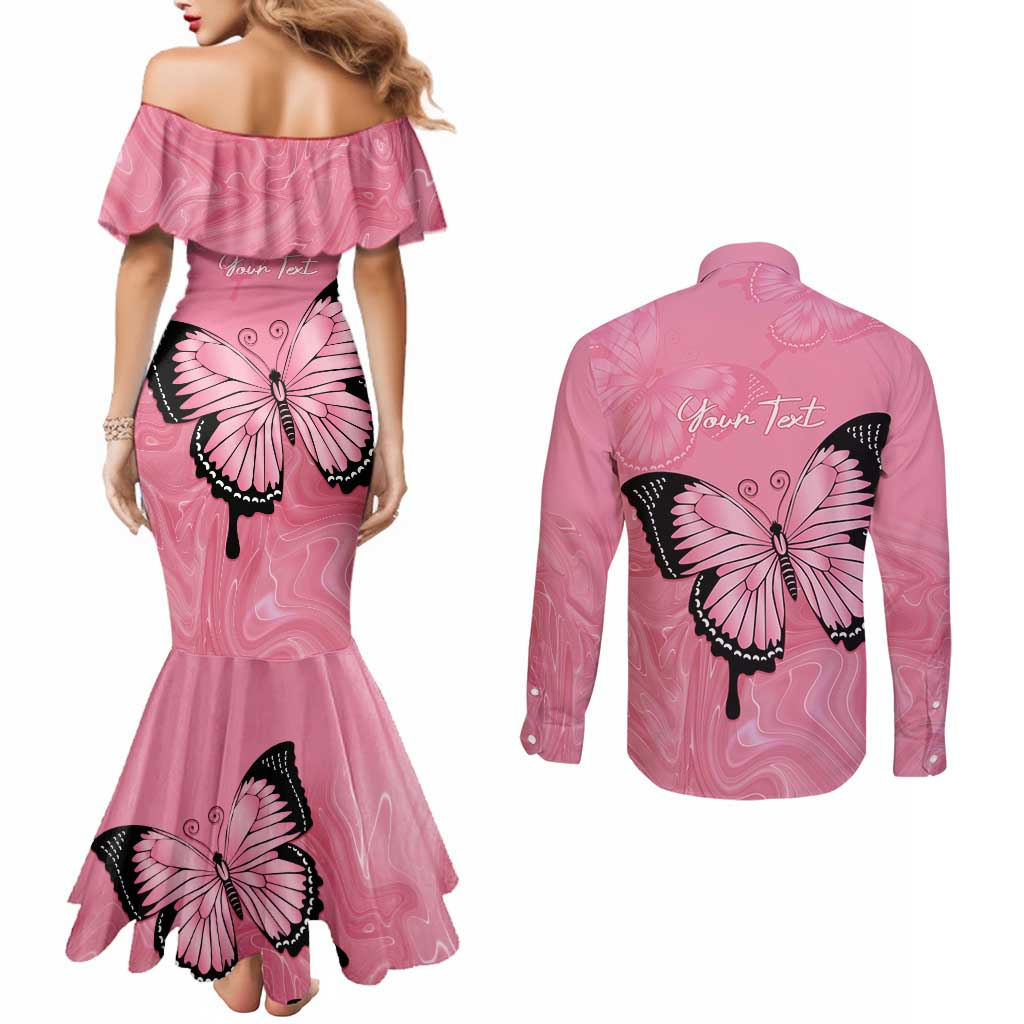 Personalised Australia Breast Cancer Awareness Couples Matching Mermaid Dress and Long Sleeve Button Shirt Pink Ribbon Butterfly Opal Pattern - Aussie Hoodie