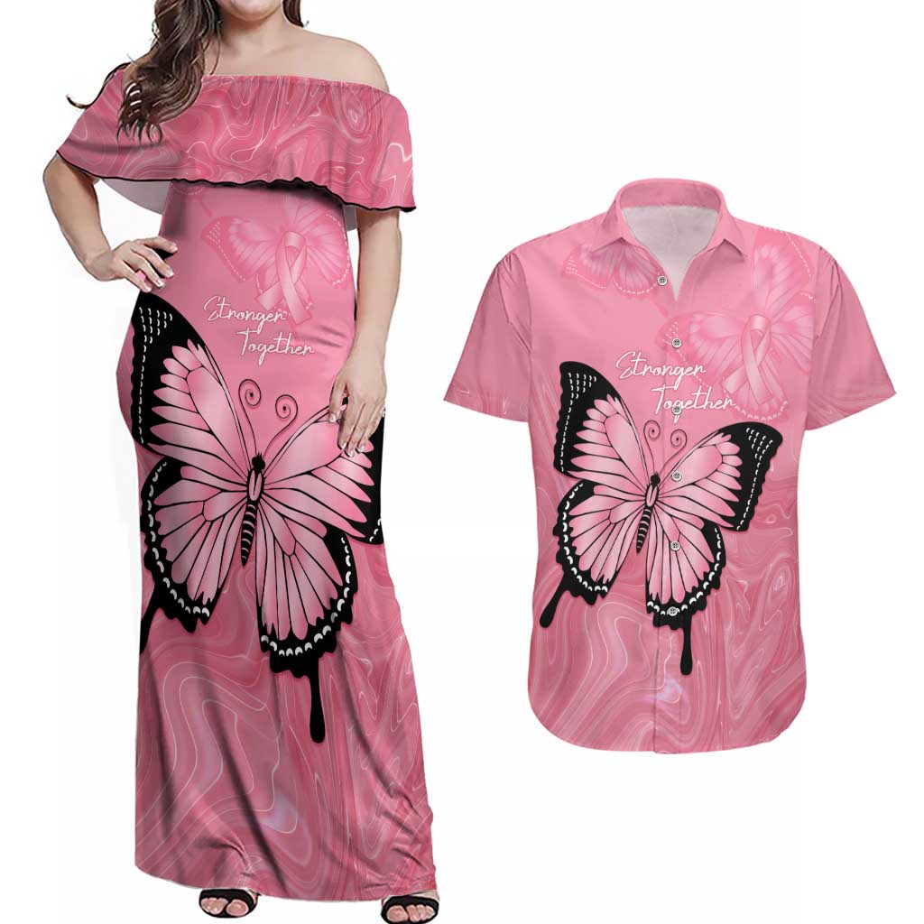 Personalised Australia Breast Cancer Awareness Couples Matching Off Shoulder Maxi Dress and Hawaiian Shirt Pink Ribbon Butterfly Opal Pattern - Aussie Hoodie