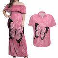 Personalised Australia Breast Cancer Awareness Couples Matching Off Shoulder Maxi Dress and Hawaiian Shirt Pink Ribbon Butterfly Opal Pattern - Aussie Hoodie