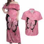 Personalised Australia Breast Cancer Awareness Couples Matching Off Shoulder Maxi Dress and Hawaiian Shirt Pink Ribbon Butterfly Opal Pattern - Aussie Hoodie
