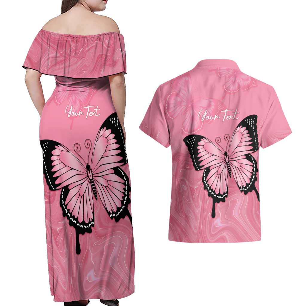 Personalised Australia Breast Cancer Awareness Couples Matching Off Shoulder Maxi Dress and Hawaiian Shirt Pink Ribbon Butterfly Opal Pattern - Aussie Hoodie