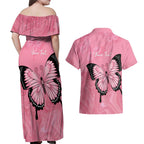 Personalised Australia Breast Cancer Awareness Couples Matching Off Shoulder Maxi Dress and Hawaiian Shirt Pink Ribbon Butterfly Opal Pattern - Aussie Hoodie