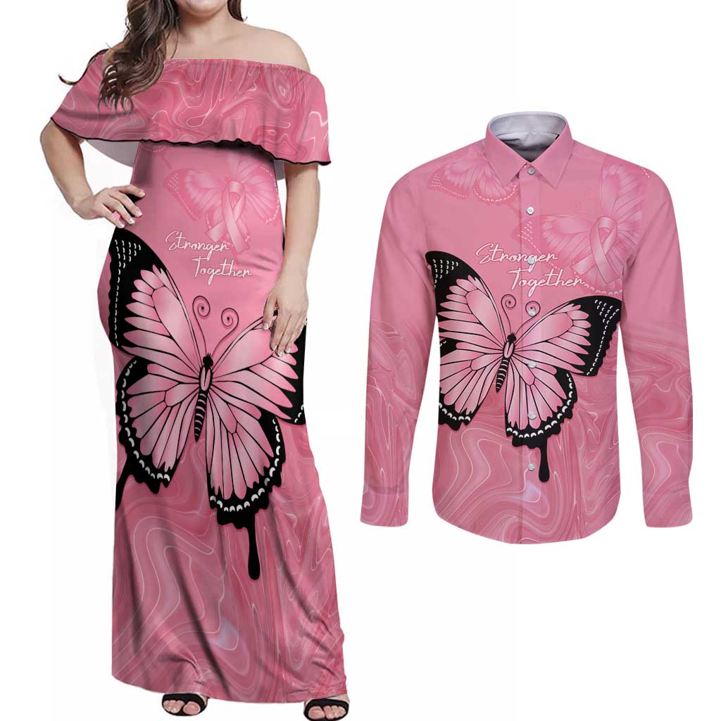 Personalised Australia Breast Cancer Awareness Couples Matching Off Shoulder Maxi Dress and Long Sleeve Button Shirt Pink Ribbon Butterfly Opal Pattern - Aussie Hoodie
