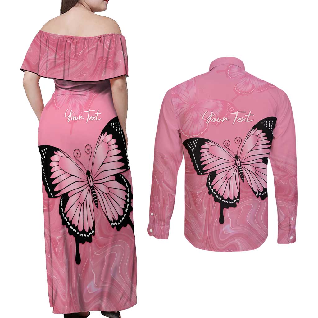 Personalised Australia Breast Cancer Awareness Couples Matching Off Shoulder Maxi Dress and Long Sleeve Button Shirt Pink Ribbon Butterfly Opal Pattern - Aussie Hoodie