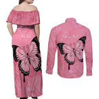 Personalised Australia Breast Cancer Awareness Couples Matching Off Shoulder Maxi Dress and Long Sleeve Button Shirt Pink Ribbon Butterfly Opal Pattern - Aussie Hoodie