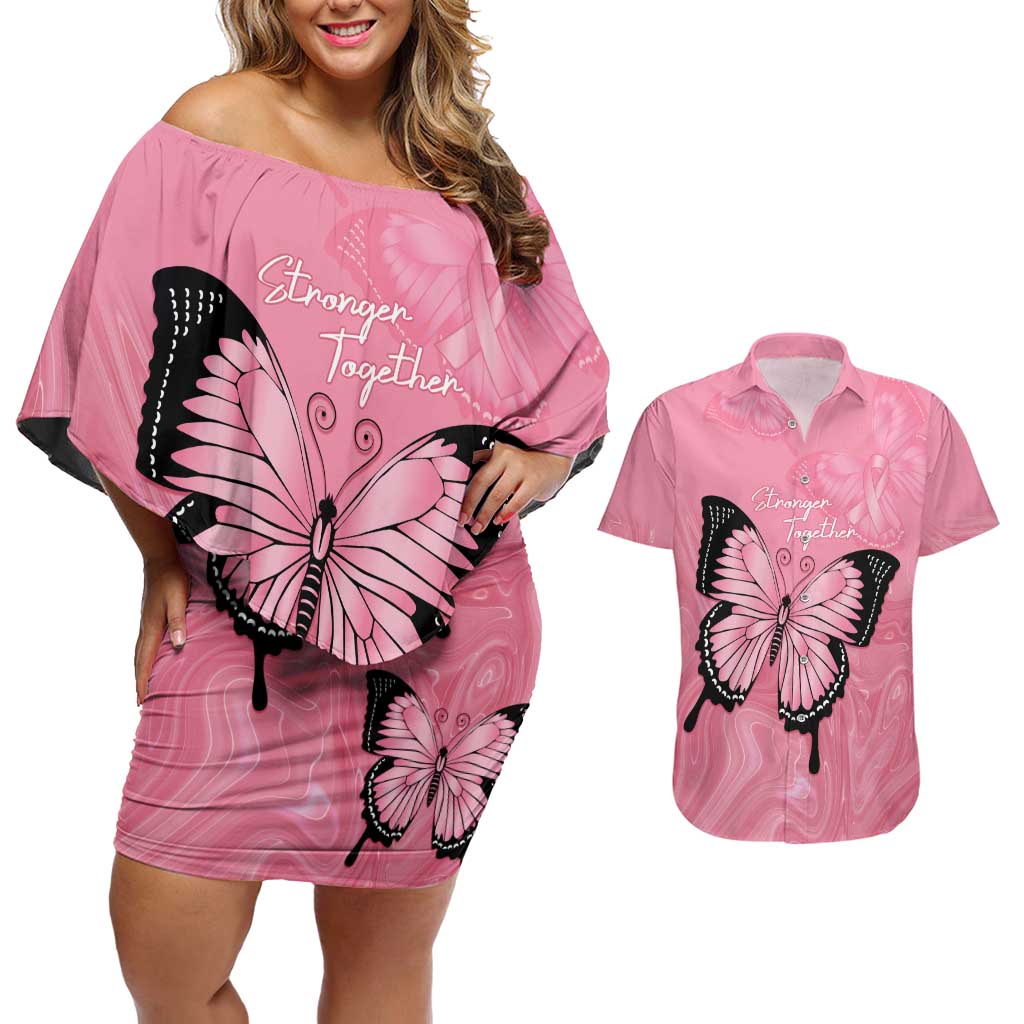 Personalised Australia Breast Cancer Awareness Couples Matching Off Shoulder Short Dress and Hawaiian Shirt Pink Ribbon Butterfly Opal Pattern - Aussie Hoodie