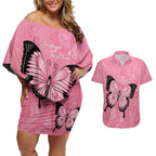 Personalised Australia Breast Cancer Awareness Couples Matching Off Shoulder Short Dress and Hawaiian Shirt Pink Ribbon Butterfly Opal Pattern - Aussie Hoodie