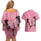 Personalised Australia Breast Cancer Awareness Couples Matching Off Shoulder Short Dress and Hawaiian Shirt Pink Ribbon Butterfly Opal Pattern - Aussie Hoodie
