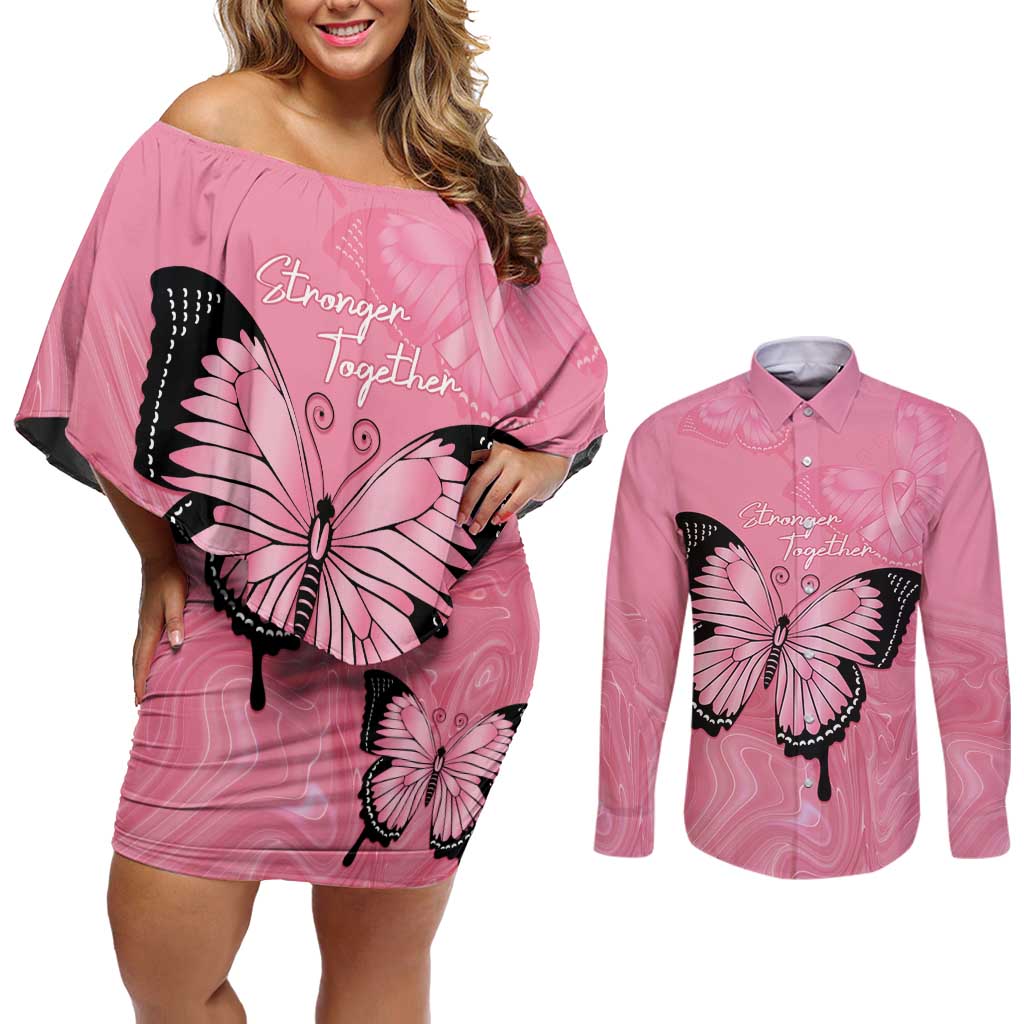 Personalised Australia Breast Cancer Awareness Couples Matching Off Shoulder Short Dress and Long Sleeve Button Shirt Pink Ribbon Butterfly Opal Pattern - Aussie Hoodie
